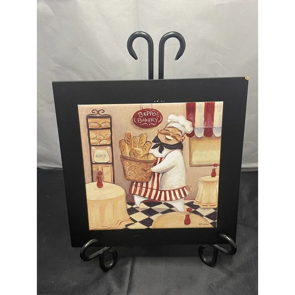 4PC.Set Ceramic‎ Tile Cook Chief Desing With Wood Frame Kitchen Decor